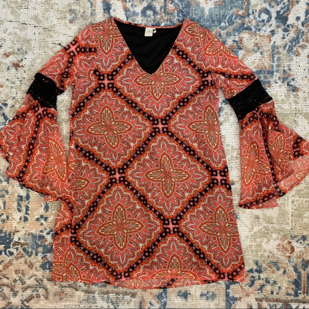 Paper Crane Printed Bell Sleeve Dress